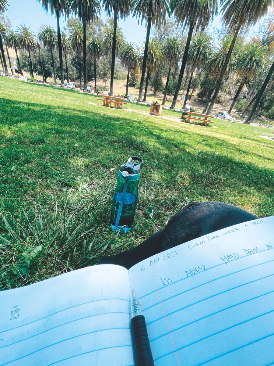 my water bottle on the grass and im writing about sad things in my journal